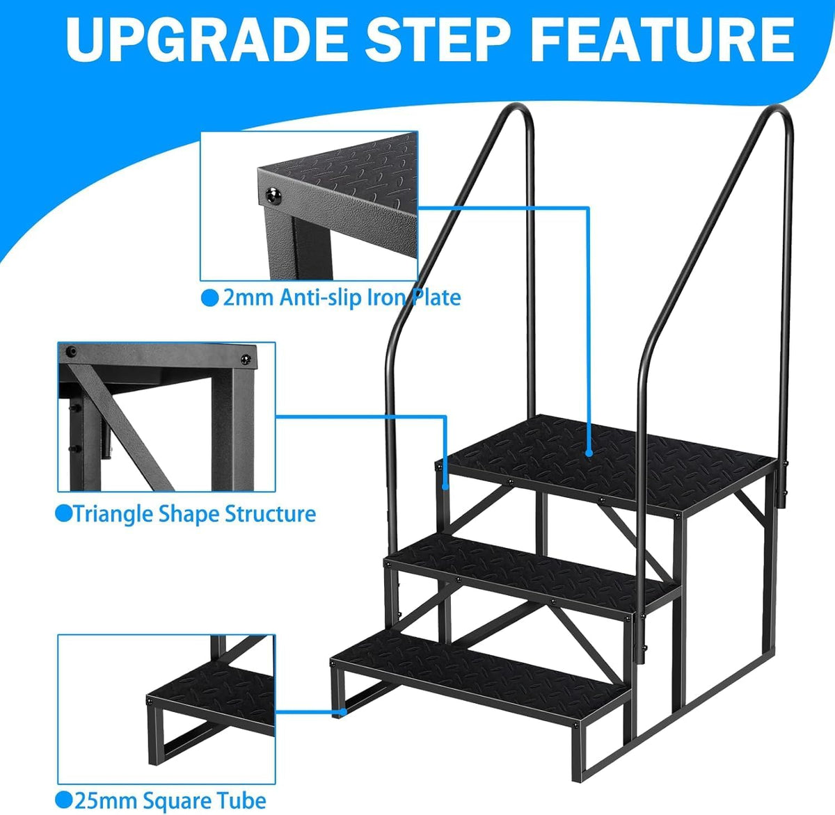 RV Step 3 Step Ladder, Upgrade RV Step with Handrails, Heavy Duty RV Stairs with Anti-Slip Pedal Hot Tub Steps, Removable Camper Step for Spa/Porch/Pet/Mobile Home（2 Handrails