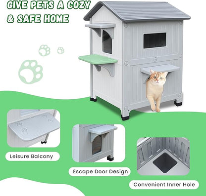 Insulated Outdoor Cat Houses - Waterproof 2 Story Cat House for Outside with Escape Door for Winter，Elevated Outdoor Cat House for Feral Stray Barn Cat Kitty