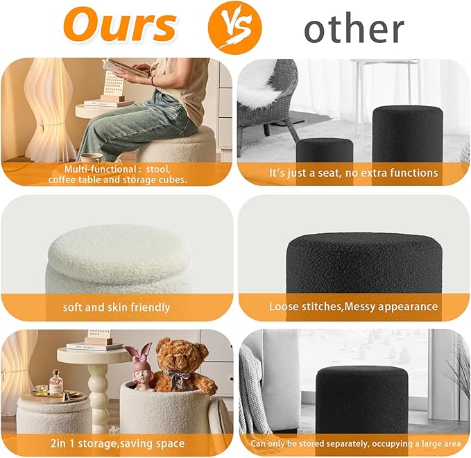 Round Ottoman with Storage Set of 2-Upholstered Sherpa Vanity Stool for MakeupMultifunctional Ottomans Coffee Table Padded Seat Foot Rest for LivingRoom&Bedroom(Sherpa White)