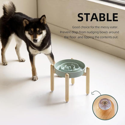 Ceramic 1.6 Cup Raised Slow Feeder Dog Bowl Set, Elevated Wooden Stand