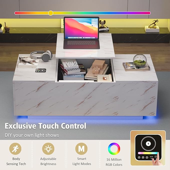 LED Coffee Table, 47.2" Lift Top Coffee Tables with Drawers and Large Storage, Smart Living Room Table with Wireless Charging & Bluetooth Speaker, Dining Center Tables with Storage Shelf
