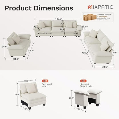 U-Shaped Cloud Modular Sofa Set, Deep Seat 3-Piece 6-Seater Sectional Couch & Removable Arms, Plush Chenille for Living Room - Beige