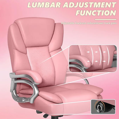 Indulgear Big and Tall Office Chair,500lbs Capacity Heavy Duty Office Chair for Heavy People, High Back Executive Computer Chair with Adjustable Lumbar Support, Quiet Rubber Wheel (Pink)