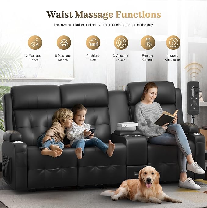Recliner Sofa, 3 Sets of Massage Reclining 3 Seater Sofa Sets Heavy Weight Capacity, RV Loveseat Couch Clearance with Console, USB, Type C Port, Storage, Cup Holders, Wall Hugger Chair for Living Room