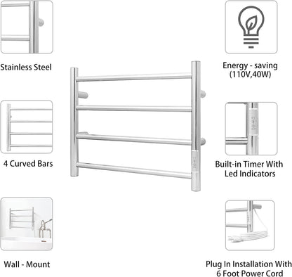 KEG Towel Warmer Wall Mounted with Built-in Timer 4 Bars Electric Stainless Steel Heated Towel Racks for Bathroom, Hot Plug-in Bath Towel Heater Polish Chrome
