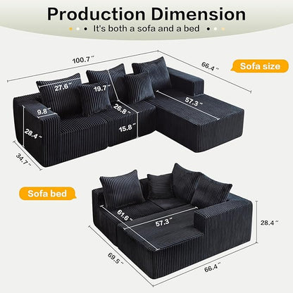 Boneless Sectional Sofa, 100.7" Cloud Couch with Wide-Wale Corduroy, Deep Seat L Shaped Couch, All-Foam Filled Compressed Sofa for Living Room (Black, Corduroy)