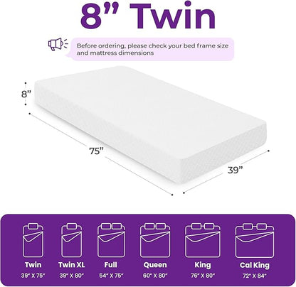 GAESTE 8 Inch Twin Cooling Gel Memory Foam Mattress for Cool Sleep Medium Firm CertiPUR-US Certified Foam, Mattress in a Box Pressure Relief Removable Cover No Fiberglass (Twin, 8 in)