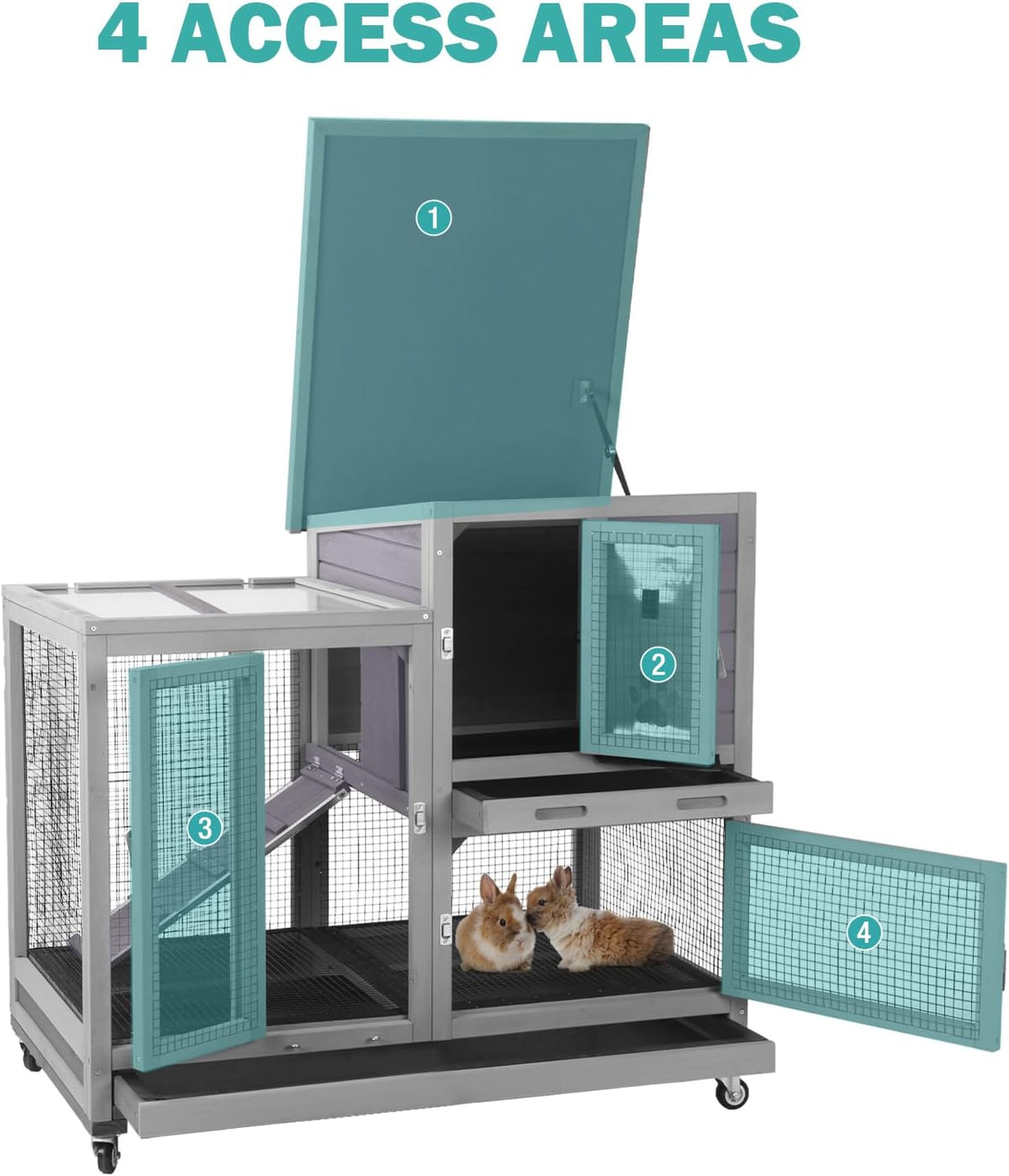Rabbit Hutch Indoor for 2-4 Rabbits & Guinea Pigs，Bunny Cage with Slide-Out Plastic Trays，Wooden Small Animal Cage for Rabbits, Bunnies, and Guinea Pigs (Light Grey)