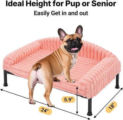 Veehoo Elevated Dog Bed with Bolster Cushion, Fluffy Plush Dog Couch Beds for Small Dogs, Cats, Washable Raised Pet Cot with Non-Slip Feet for Indoor or Patios Use, 24 x 18 Inches, Pink
