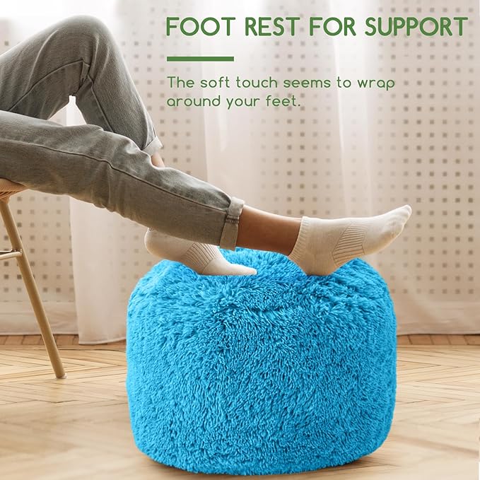 HIGOGOGO Round Stuffed Pouf Ottoman, Long Faux Fur Poufs with Foam Chunk Filling, Fluffy and Furry Pouf Foot Stool Storage Ottoman, 20 X 15 Floor Poufs Foot Rest for Living Room, Blue