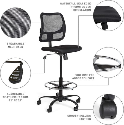 Safco Vue Office Chair, Heavy Duty Stool, 250 lbs Capacity, Ergonomic Mesh Back, 360 Swivel Seat, 5-Star Base, Black