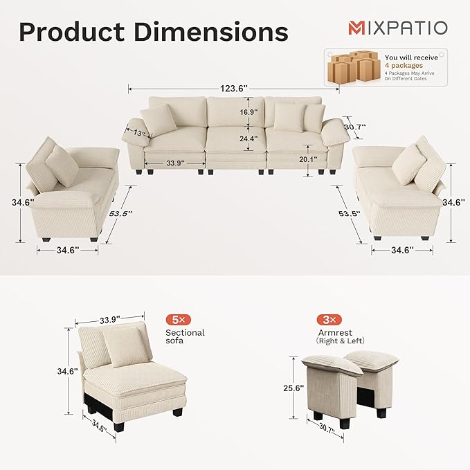 Cloud Couch Sectional Sofa Set, Plush 24.4-Inch Deep 5-Seat Sectional with Velvety Corduroy & Removable Arms for Living Room and Apartment, Beige