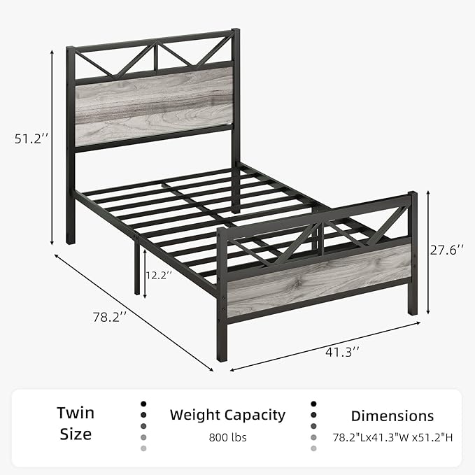 Twin Size Bed Frame with 51.2" Tall Headboard and Footboard, Platform Bed Frame with Metal Support, Solid and Stable, Noise Free, No Box Spring Needed, Wash Grey