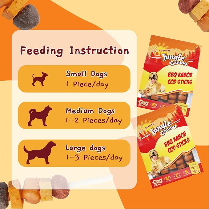 Jungle Calling Dog Treats,Dogs Kabob with Cod Stick, Rawhide-Free Chews, Made with Chicken, Duck, Beef, Sweet Potato and Pumpkin