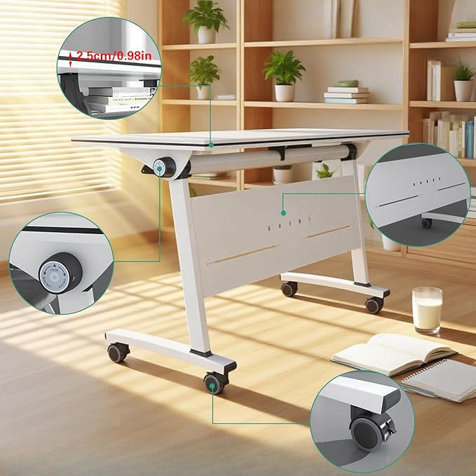 Folding Conference Room Tables, Flip Top Mobile Training Table with Wheels, Mobile Dynamic Meetings Training Tables, Portable Office Executive Desk, Rolling Seminar Meeting Table (3, White, 55.1in)