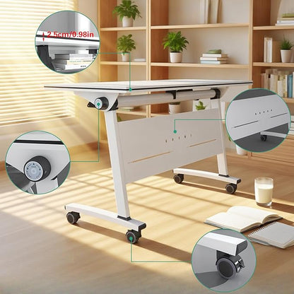 Folding Conference Room Tables, Flip Top Mobile Training Table with Wheels, Mobile Dynamic Meetings Training Tables, Portable Office Executive Desk, Rolling Seminar Meeting Table (3, White, 55.1in)