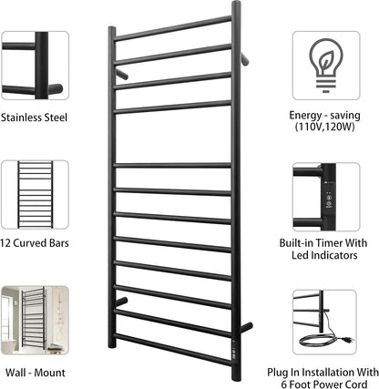 KEG Towel Warmer Wall Mounted with Built-in Timer 12 Bars Electric Stainless Steel Heated Towel Racks for Bathroom, Hot Plug-in Bath Towel Heater Matte Black