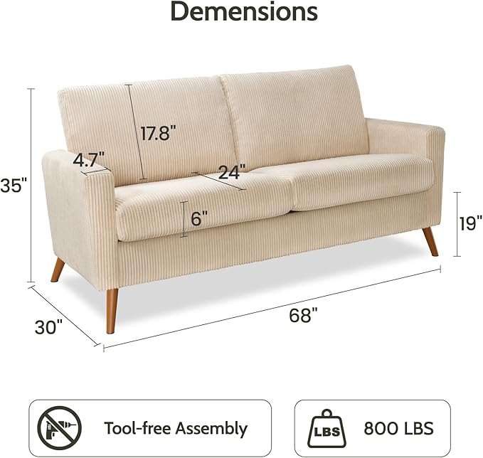 WEUP 68" Loveseat Sofa Beige Corduroy Couch, Mid Century Modern Love Seat Couches for Living Room, Small Loveseat for Bedroom Office, Comfy Sofa with Spring Cushion, Solid Wood, Tool-Free Assembly