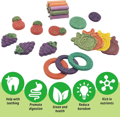Fhiny 27 PCS Natural Bunny Chew Toys Molar Rabbit Toys Contain Timothy Grass Pumpkin Beets Purple Potatoes Carrot Hamster Treats for Chinchillas Guinea Pigs Mice Gerbils Teeth Grinding