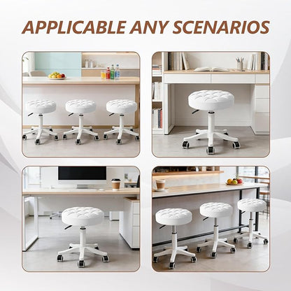 JPBSTO Small Rolling Stool with Wheels, PU Leather Height Adjustable Vanity Work Task Stool, 360 Swivel, Padded Seat Cushion, for Salon, Home, Office