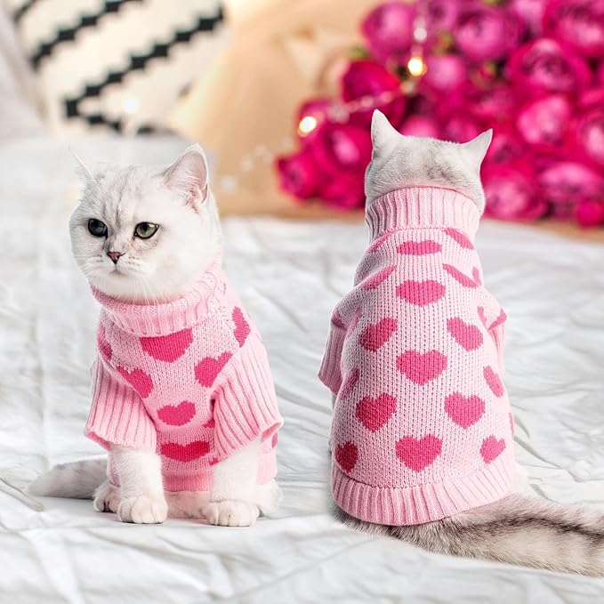KOOLTAIL Cat Sweater Turtleneck- Soft Pink Knit Cat Sweaters for Cats Only, Heart Love Pattern Thick Warm Cold Weather Clothes, Valentine's Day Pet Outfit for Small Medium Large Size Kitten Puppy Girl