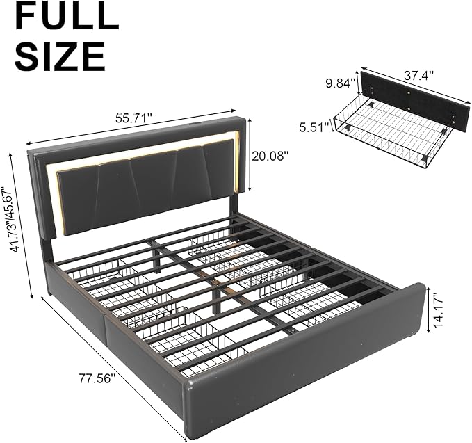 Full Size Bed Frame with 4 Storage Drawers and LED Lights, Upholstered Platform Bed with Adjustable Headboard and Charging Station, Metal Slats Support, No Box Spring Needed,Easy Assembly, Black