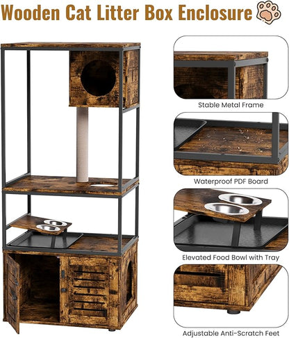 Lamerge Cat Tree with Litter Box Enclosure, All-in-1 Large Cat Litter Box Enclosure, Cat Condo with Scratching Posts and Cat Feeding Bowl, Rustic Brown