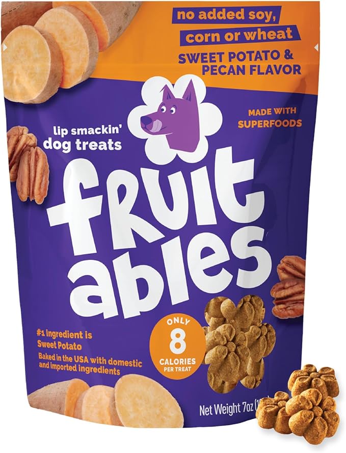 Fruitables Baked Dog Treats, Healthy Pumpkin Treat for Dogs, Low Calorie & Delicious, Free of Wheat, Corn and Soy, Made in the USA, Sweet Potato and Pecan Flavor, 7oz