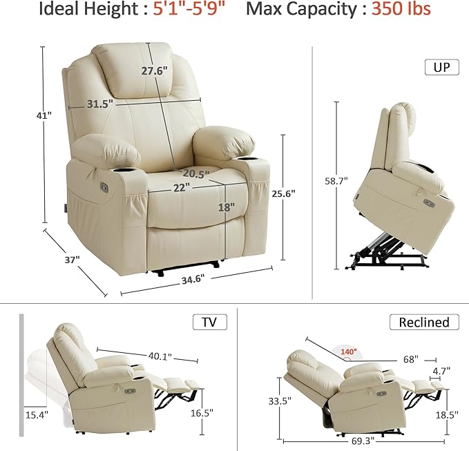 MCombo Power Lift Recliner Chair for Elderly, Lift Chair with Heat and Massage, FSC Certified, USB Ports, Cup Holders, Faux Leather 7040 (Cream White, Medium)