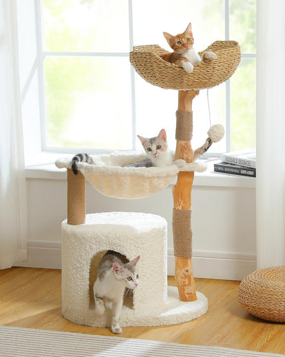 Modern Cat Tree for Large Cats, Wood Cat Tower for Indoor Cats, Real Branch Luxury Cat Furniture with Super Large Cozy Condo and Hammock & Scratching Post, Top Basket, White