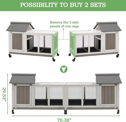 Gowoodhut 76.38"L Rabbit Hutch Indoor and Outdoor with 8 Wheels,Wooden Rabbit Cage with Pull Out Leak-Proof Tray for 2-4 Rabbits,Bunny Hutch with Asphalt Roof Suitable for Garden,Park,Living Room,Grey