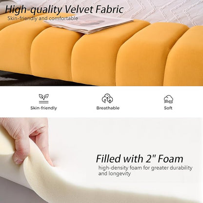 AIITTCC Velvet End of Bed Bench Upholstered Modern 59" Bedroom Bench for King Bed Bench Tufted Window Bench Comfy Long Ottoman for Living Room/Entry/Indoor (Mustard Yellow, 59" Wide)