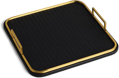 Preston Lane Mayfair Decorative Tray – Vegan Leather with Woven Texture, Brushed Brass Handles – Serving, Dresser & Coffee Table Tray, Ink