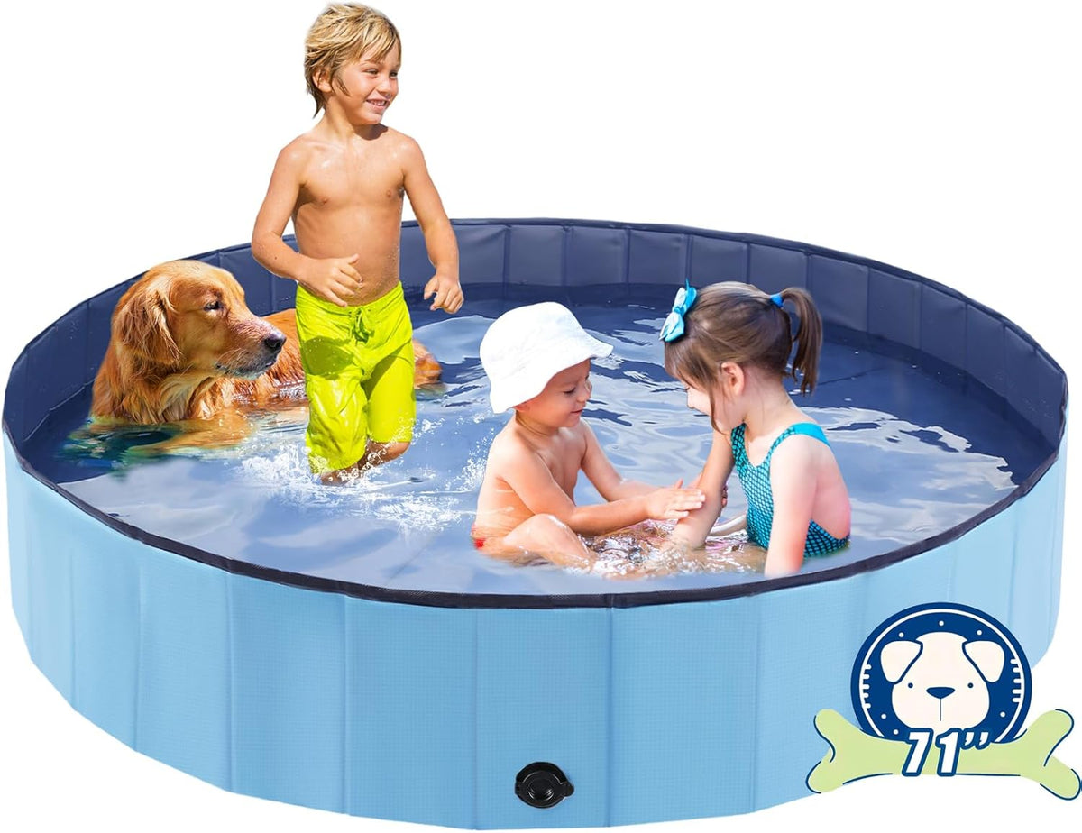 Foldable Dog Bath Swimming Pool Plastic Kiddie Pool Professional Tub Collapsible Grooming Bathtub for Pets Kids Baby and Toddler, 71 x 12 Inches Blue