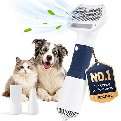 3 in 1 Pet Hair Dryers And Comb Brush High Velocity Blower for Dog Grooming | Portable Quiet Handheld Slicker with Steam Deshedding Intelligent Airflow System for Cats, Puppies and Professional(Blue)