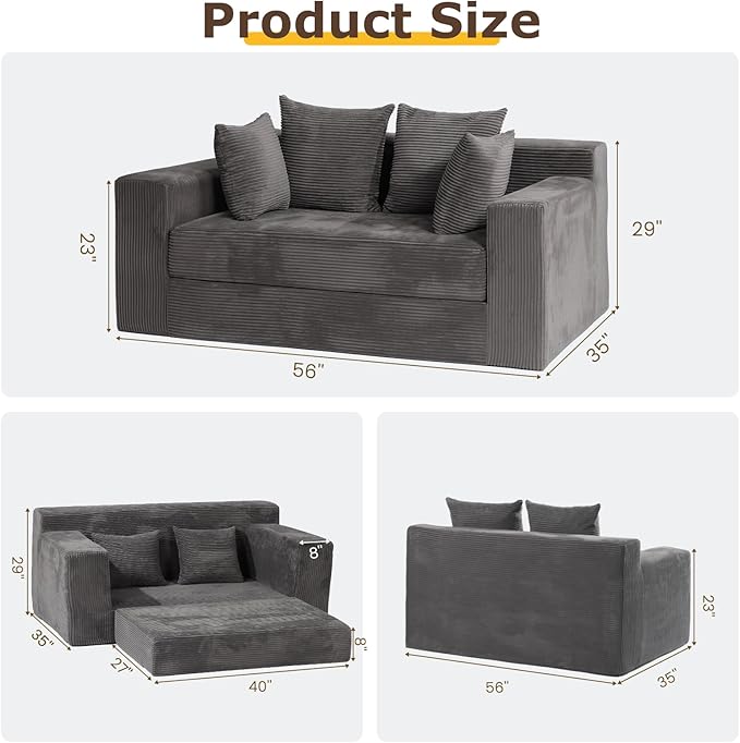 Convertible Sofa Bed, 3 in 1 Loveseat Folding Couch Bed Foldable - Boneless Couch & Floor Futon Sleeper, Corduroy Pull Out Sofa Bed with 4 Pillows for Living Room, Grey