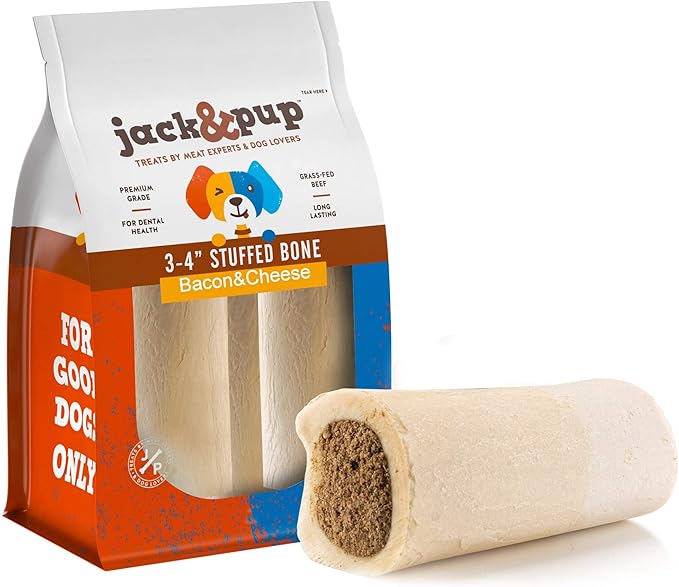 Jack&Pup 3-4" Filled Dog Bones for Small and Large Dogs, Flavored Shin Dog Bones Long Lasting, Stuffed Bone for Dogs, High Protein, Bacon and Cheese Flavor - 4 Pack