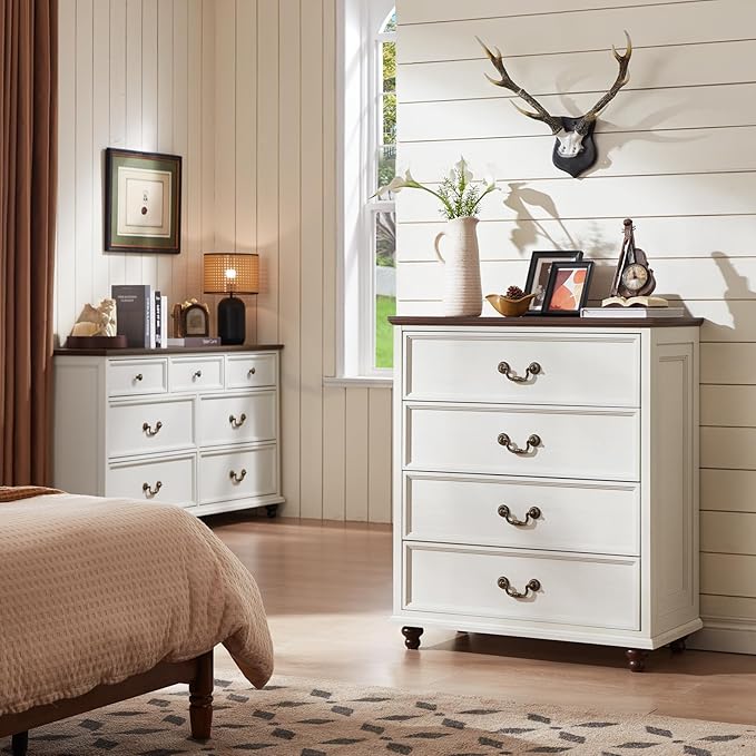 24" Wide Farmhouse Nightstand Set of 2, 54" 7 Drawers Dresser, 37" Tall Rustic Chests of Drawers w/ 4 Solid Wood Feet, Farmhouse Furniture Series for Living Room,Bedroom,White