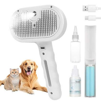 Cat Steam Brush for Shedding & Grooming - 3 in 1 Pet Brush with Waterless Shampoo, Spray Hair Removal Comb & Reusable Lint Roller for Dogs and Long Short Haired Cats, Release Button LKLZXUAN