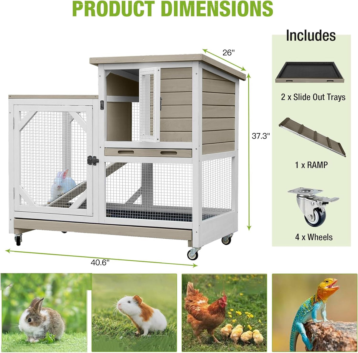 GUTINNEEN 2-Story Rabbit Hutch with Chew-Proof Ramp & Pull-Out Trays - Indoor/Outdoor 39.3" Wooden Rabbit Cage on Wheels for Rabbits, Guinea Pigs (Light Brown)