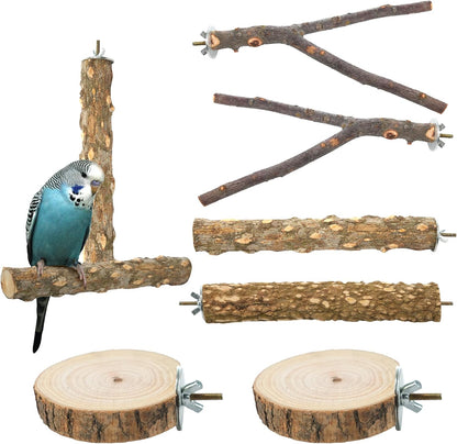 Bird Perch Stand, Pole Standing Natural Wood Bird Perch Set 7PCS Paw Grinding Fork Parrot Cage Branch with Rope Cage Accessories Toys for Parakeets, Cockatiels, Conure, Budgies