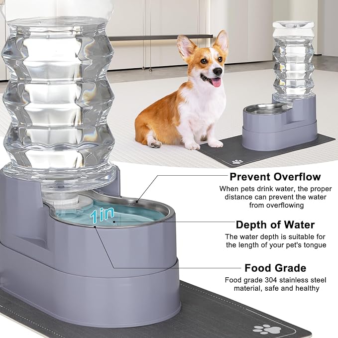 RIZZARI Large Water Dispenser for Dogs: 8L Gravity Gray Automatic Stainless