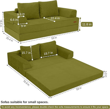 COMAX Convertible Sofa Bed, Folding Floor Couch Corduroy Fold Out Couch Bed Futon Sleeper Mattress with Pillows, Boneless Sofa Comfy Lounge Loveseat for Living Room Bedroom, Light Green
