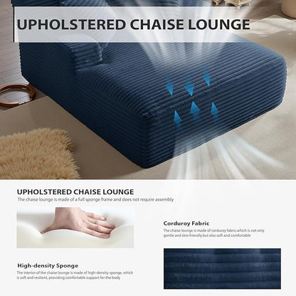 50 Inches Chaise Lounge Indoor, Oversized Chaise Lounge Chair with 3 Throw Pillows and Armrests, Corduroy Upholstered Plush Sofa Bed Lazy Chair Bed Sleeper Chair for Living Room Apartment (Blue)
