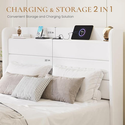 SHA CERLIN Full Size Bed Frame with Charging Station, Velvet Upholstered Platform Bed, Wingback Storage Headboard, Type-C & USB Ports, Strong Wooden Slats, No Box Spring Needed, Easy Assembly, White