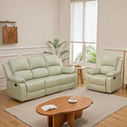 JBXBER Manual Recliner Sofa Set for Living Room, Leather Reclining Sofa Sets, Faux Leather Couch Set with Cup Holders, Drop-Down Table and Storage Console(Sofa and Chair,Beige)