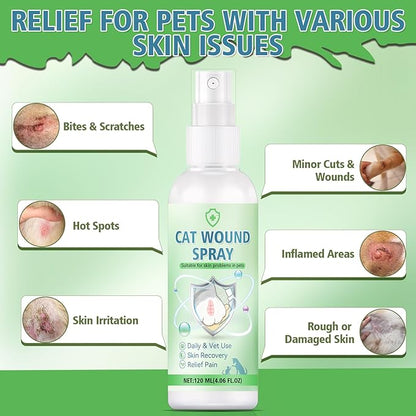 Cat Wound Care Spray, Pet Wound Care Formula for Scratching Irritation Bites Burns Redness, Supports Skin Comfort and Recovery for Kittens, Adult Cats, Pets, 120ml