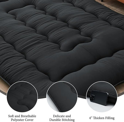 DAICO Japanese Floor Mattress, 4'' Thicken Futon Mattress Tatami Mat, Sleeping Pad Foldable Roll Up Mat for Camping and Guest Room, Queen Size 60''*80'', Black