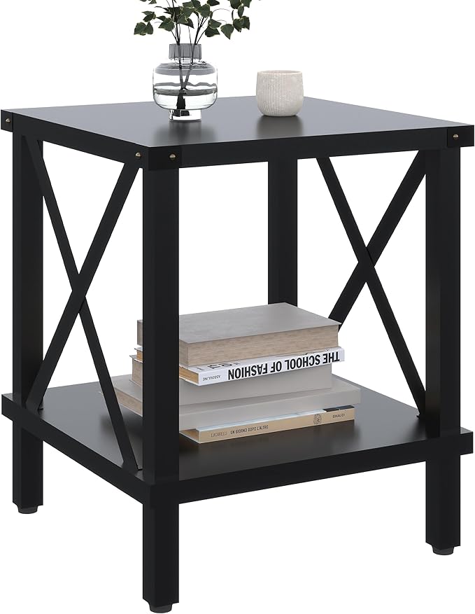 Large End Table Farmhouse Side Table Industrial Style Sofa Table Coffee Table Metal X Accent Wood End Table NightStand with Storage Shelf for Living Room Bedroom Black MLBZ16B