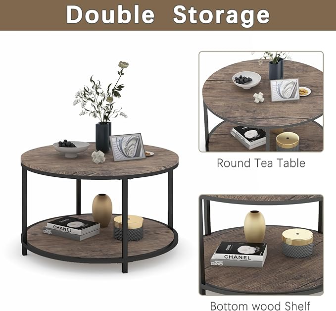 NSdirect Round Coffee Table, 25.6" Small Coffee Table for Living Room,2-Tier Rustic Wood Desktop with Storage Shelf Modern Design Home Furniture(Light Walnut)